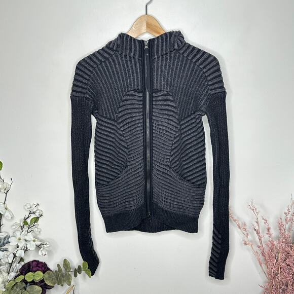 LULULEMON Embrace Hoodie Ribbed Knit Black Heathered Dark Grey Sz 4 {3J47} - Picture 4 of 7